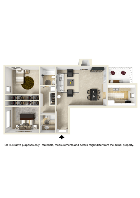 a stylized floor plan of a studio apartment